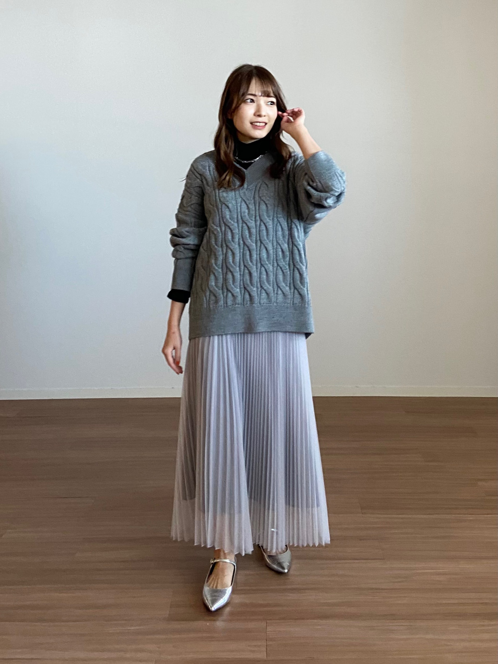 チュールプリーツロングスカート、ウールプレーティング