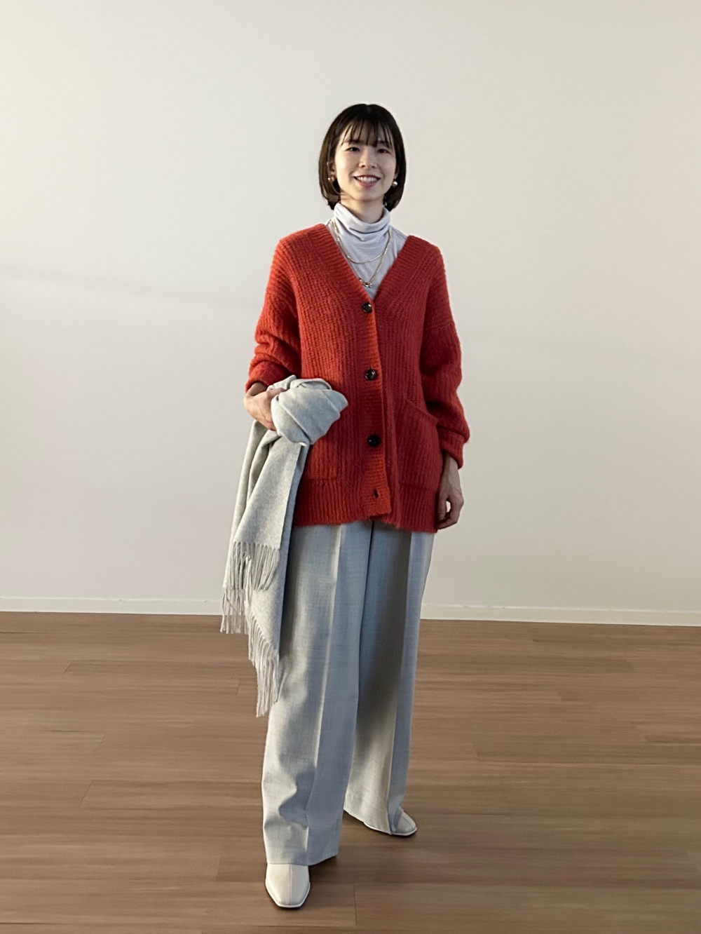 アルパカブレンドカーディガン、カシミヤブレンドシアータートルネック