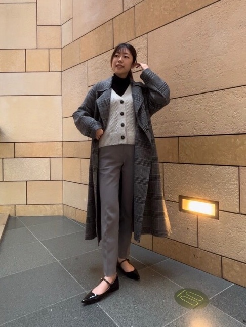 ウールブレンドリバーロングコート（レディース）の着用コーディネート