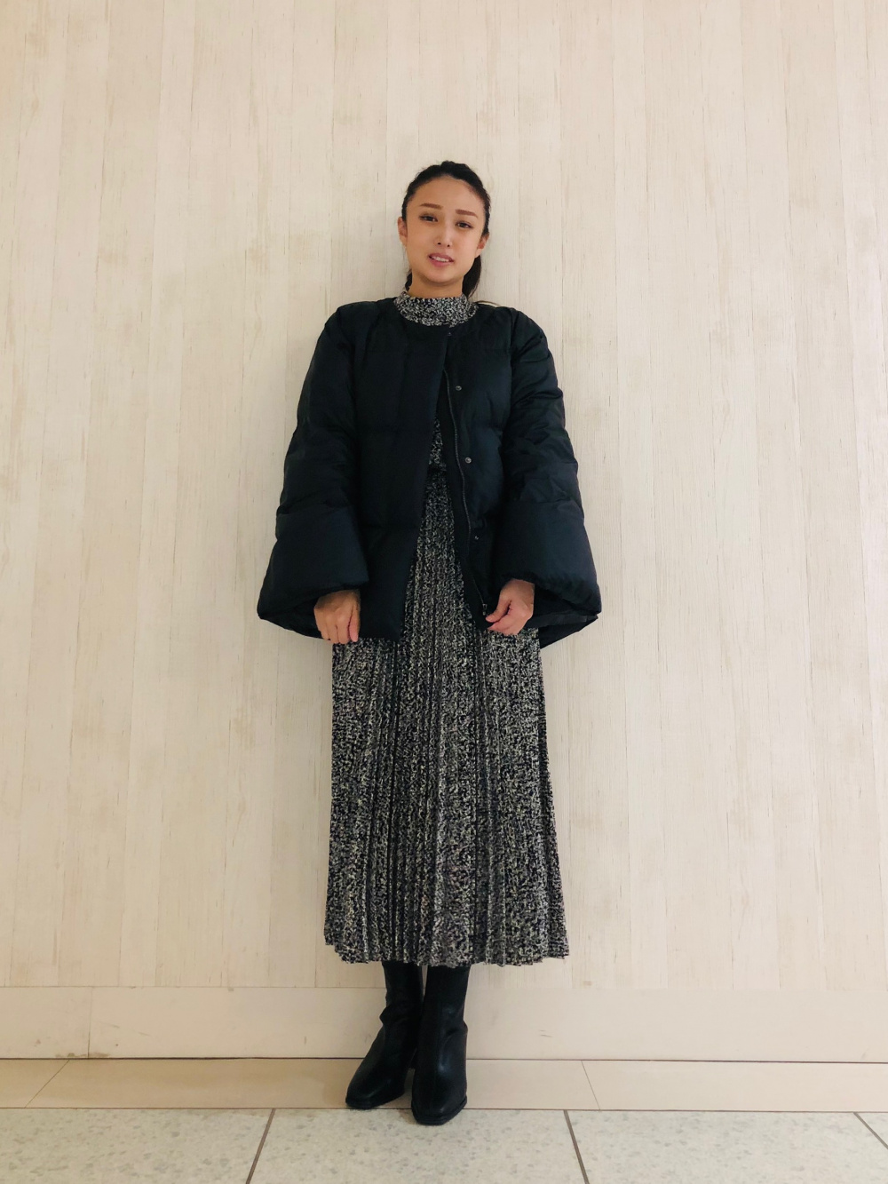 ブラッシュドバックダブルジャケット、ヘリンボーンプリントワンピース