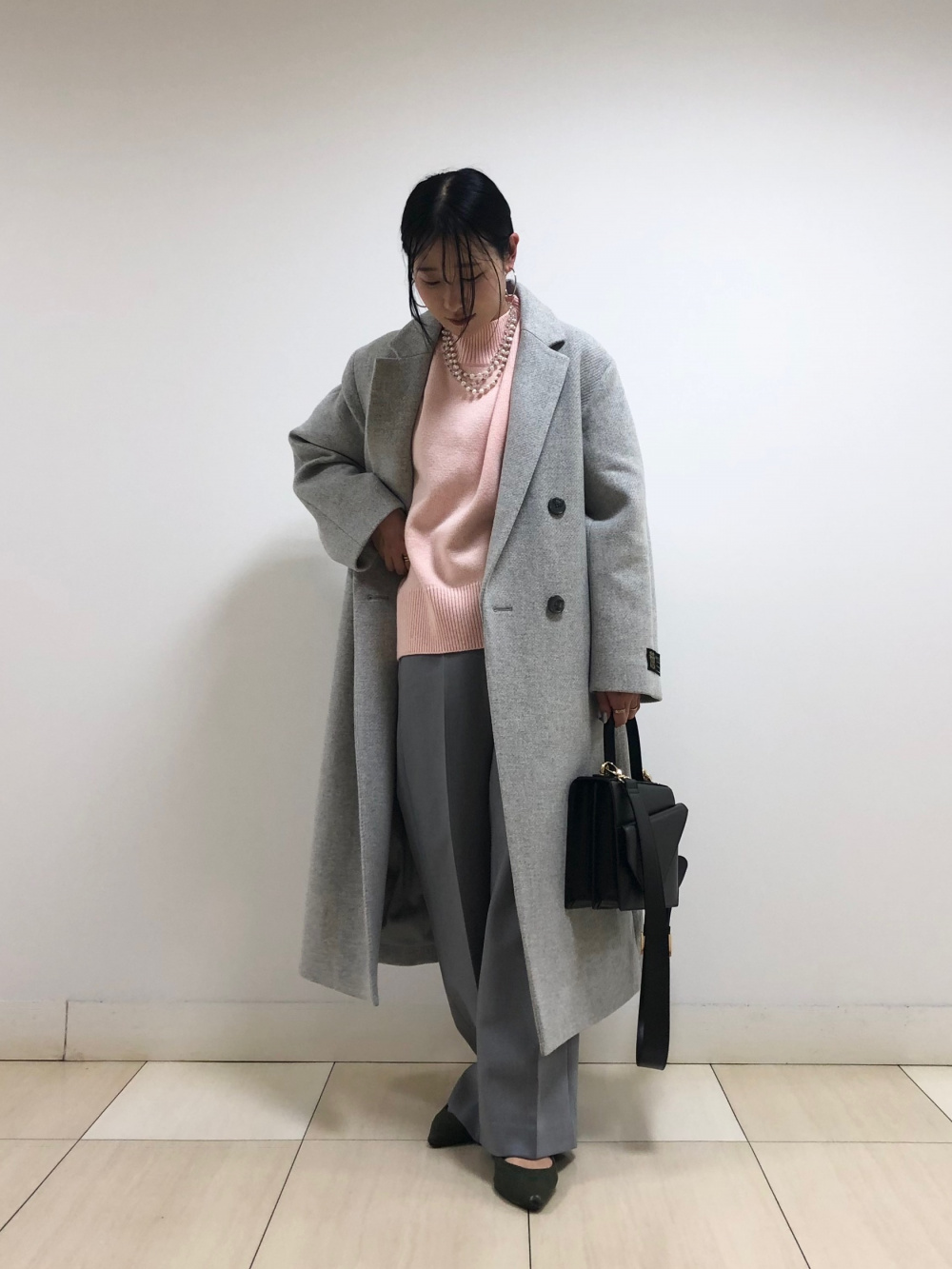 LEONARD ケーブルニット ロングコート ブラック ORIGINAL) ヘリンボーンシングルロングコート (black