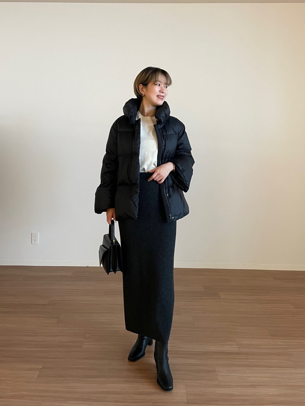 マンテコノーカラーハーフコート、フェイクレザービットローファー」の