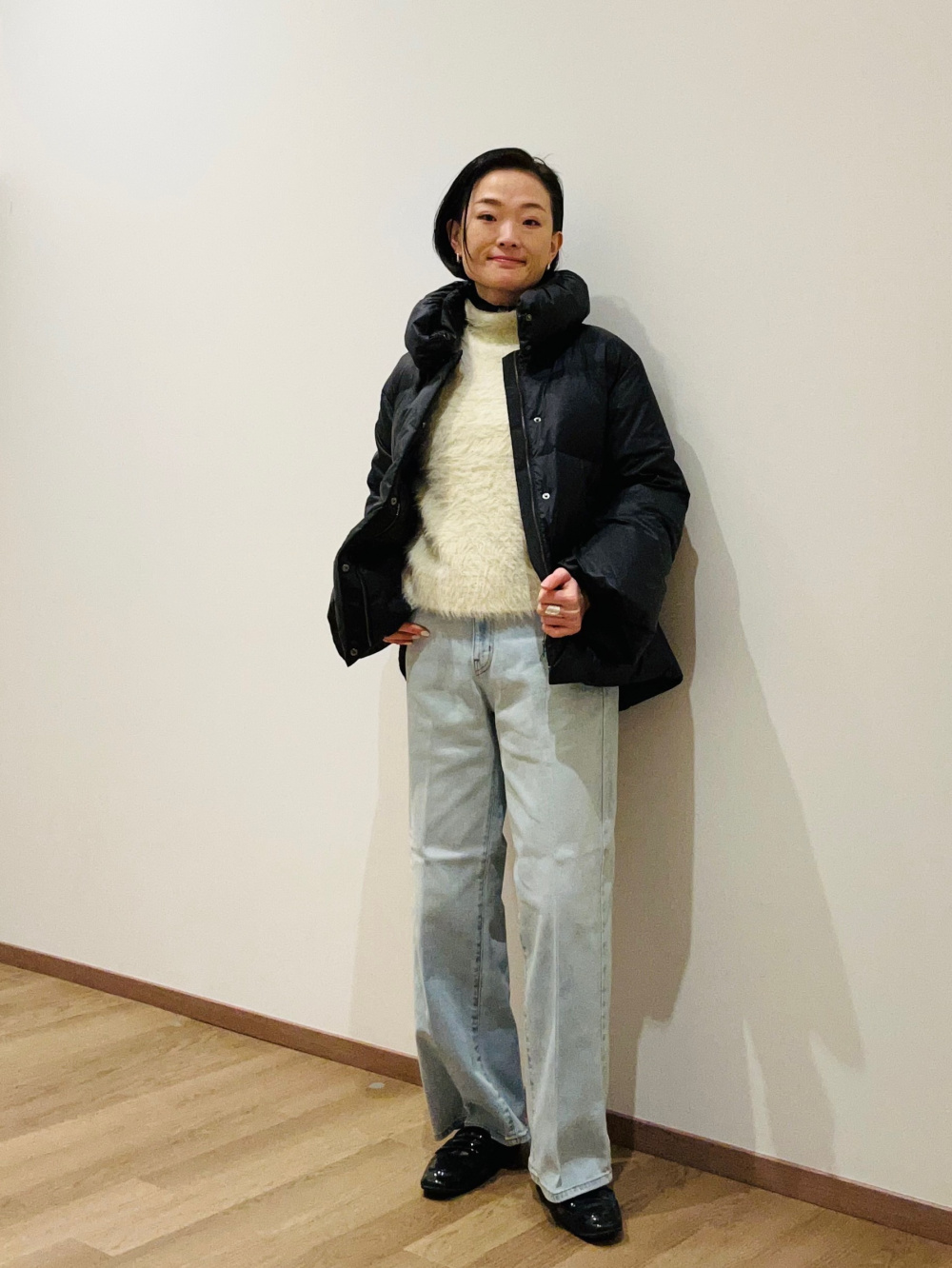 2WAYネックオーバーサイズダウンジャケット、フェザーツイードニット