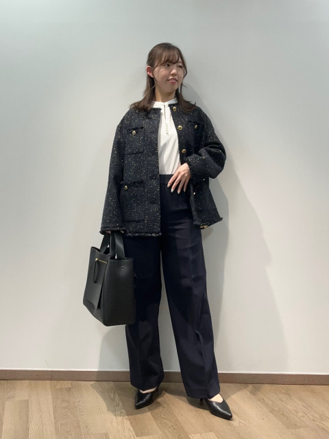 PLST プラステ　ツイードノーカラージャケット (ラメ糸入り)　S　ネイビー ツイードノーカラージャケット（ラメ糸入り）、フェイクファー