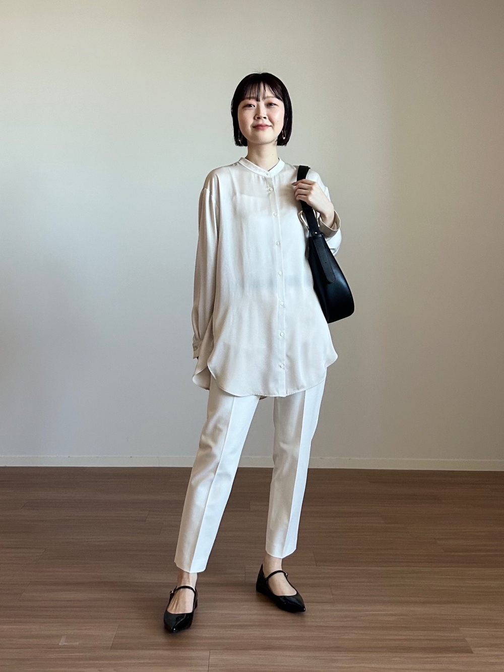サテンバンドカラーロングシャツ（長袖）、サテンパラシュート