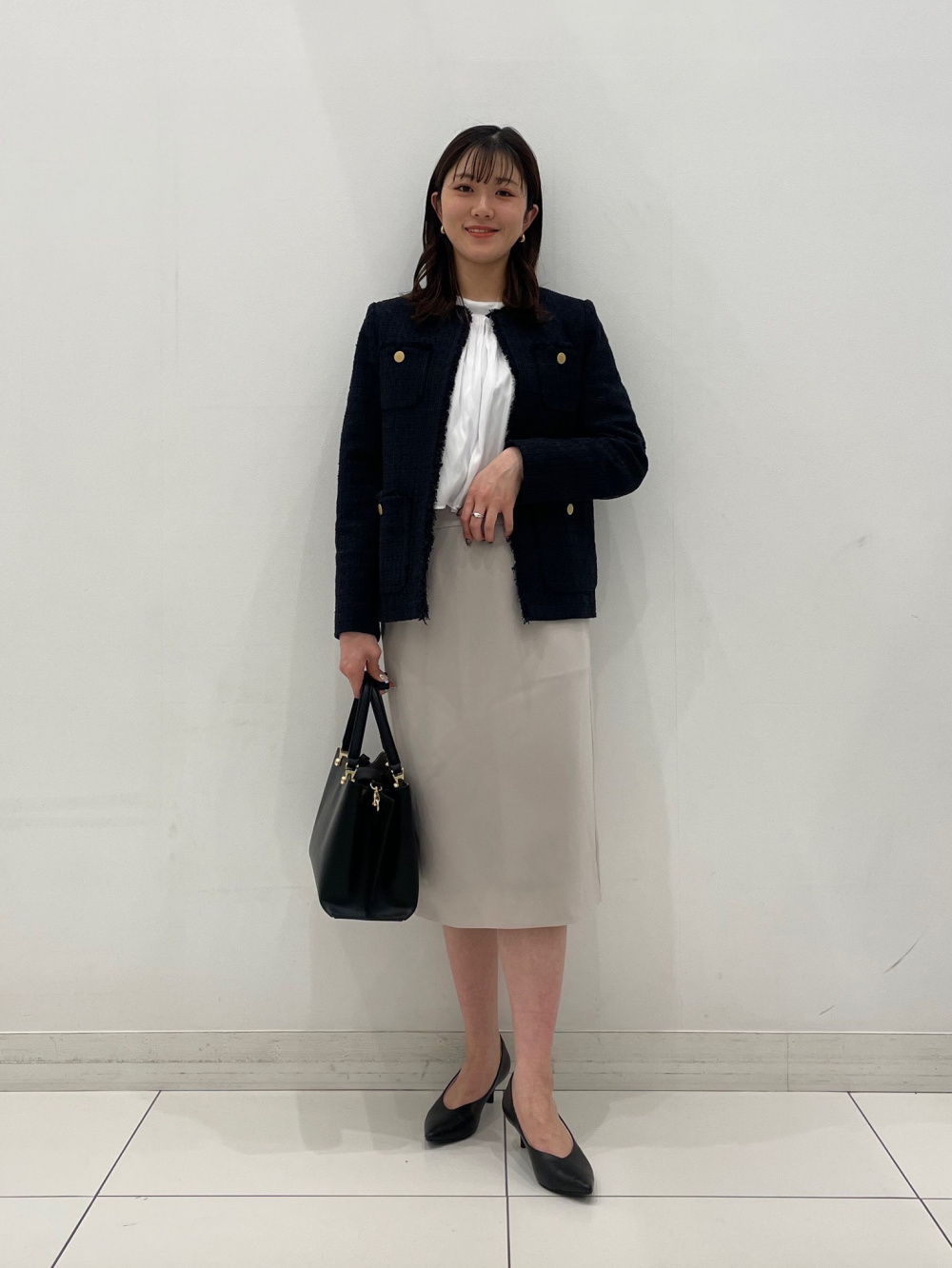 theory×PLST ツイードジャケット パンツスーツ セットアップ 濃紺 S フェイクパールバックフレアブラウスセットアップ（長袖
