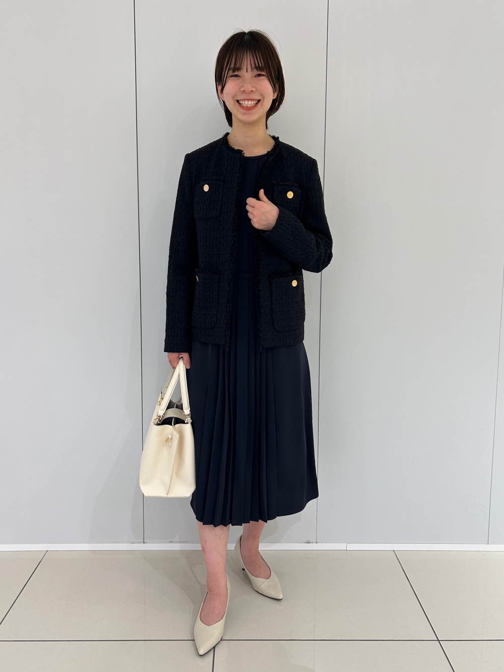 theory×PLST ツイードジャケット パンツスーツ セットアップ 濃紺 S フェイクパールバックフレアブラウスセットアップ（長袖