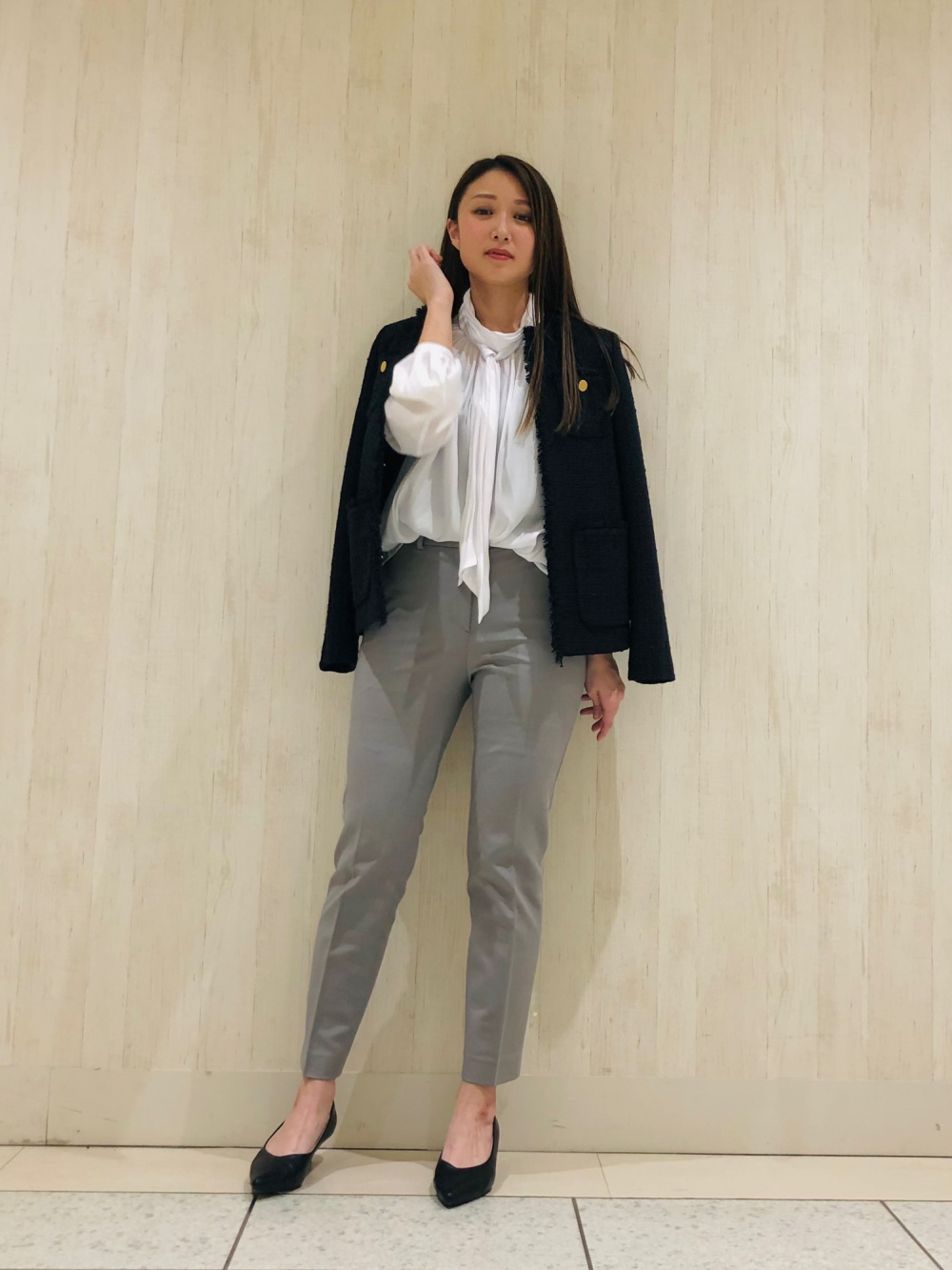 theory×PLST ツイードジャケット パンツスーツ セットアップ 濃紺 S フェイクパールバックフレアブラウスセットアップ（長袖
