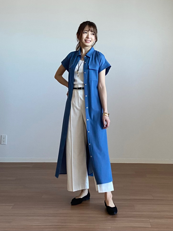 シャンブレーシャツワンピース（半袖）のコーディネート・着用イメージ