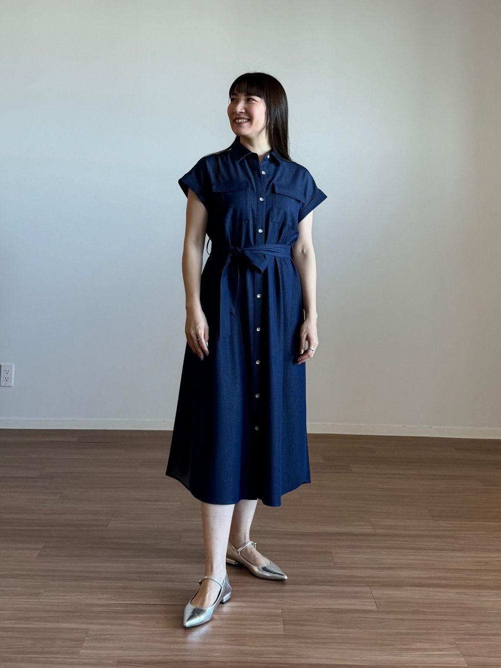 シャンブレーシャツワンピース124205010ネイビーMサイズ シャンブレーシャツワンピース124205010ネイビーMサイズ