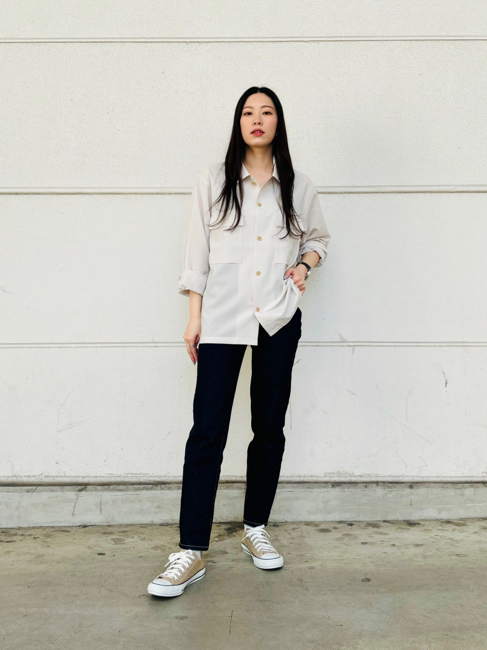バンドカラーバックプリーツシャツワンピース（長袖）、【CONVERSE 
