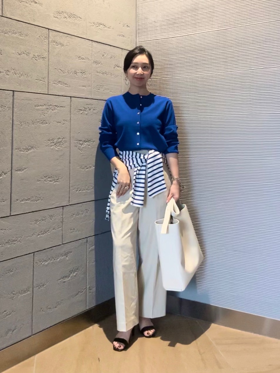ワッシャーツイルロングジレ、ボーダークルーネックTシャツ