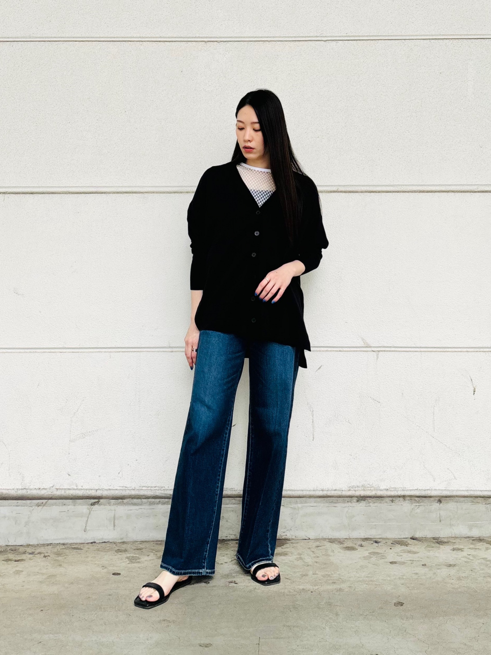 コットンアセテートブレンドリラックスカーディガン、ハイライズ