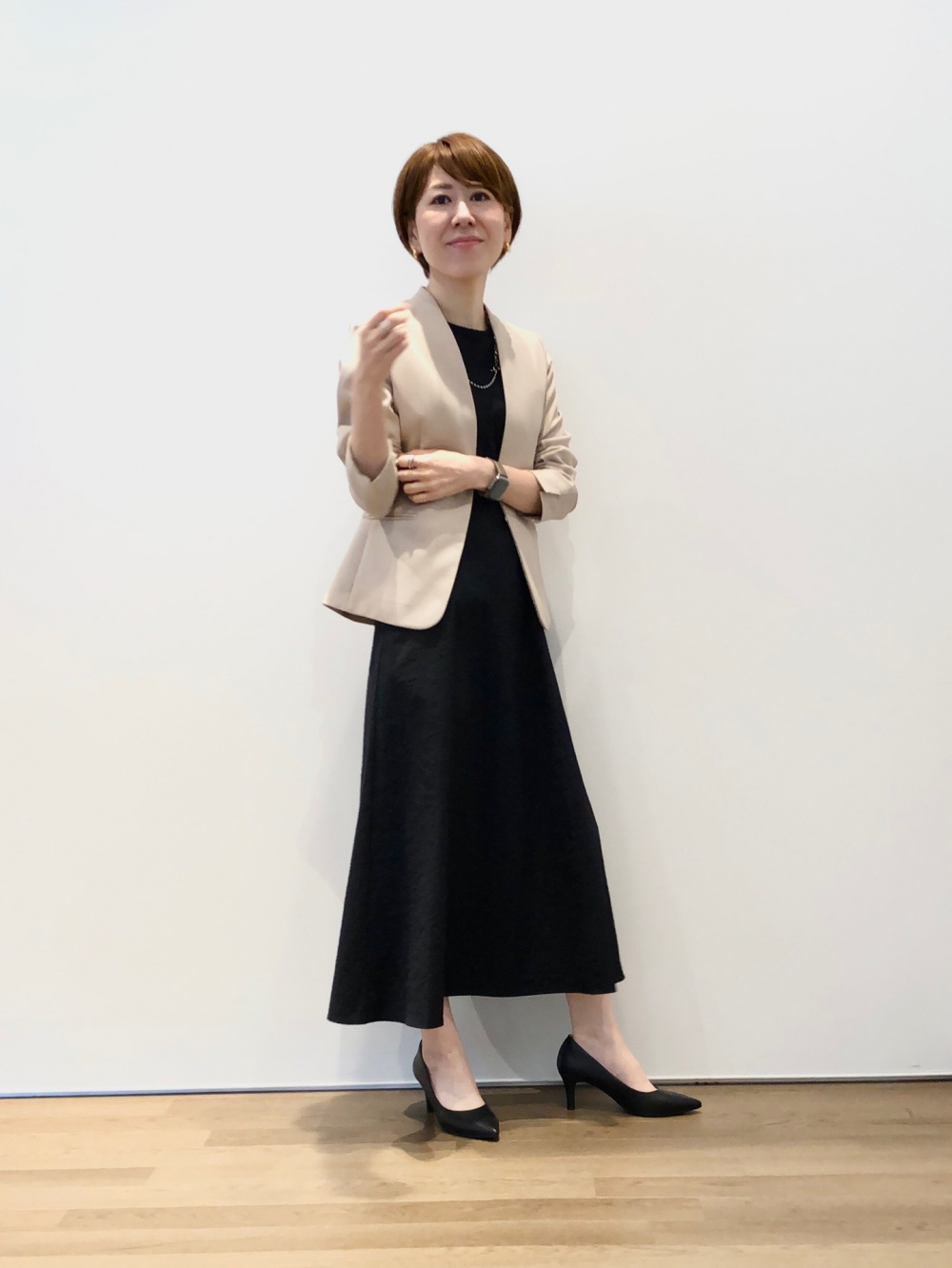 ハイストレッチナイロンフレアワンピース」の着用コーディネート| プラステ