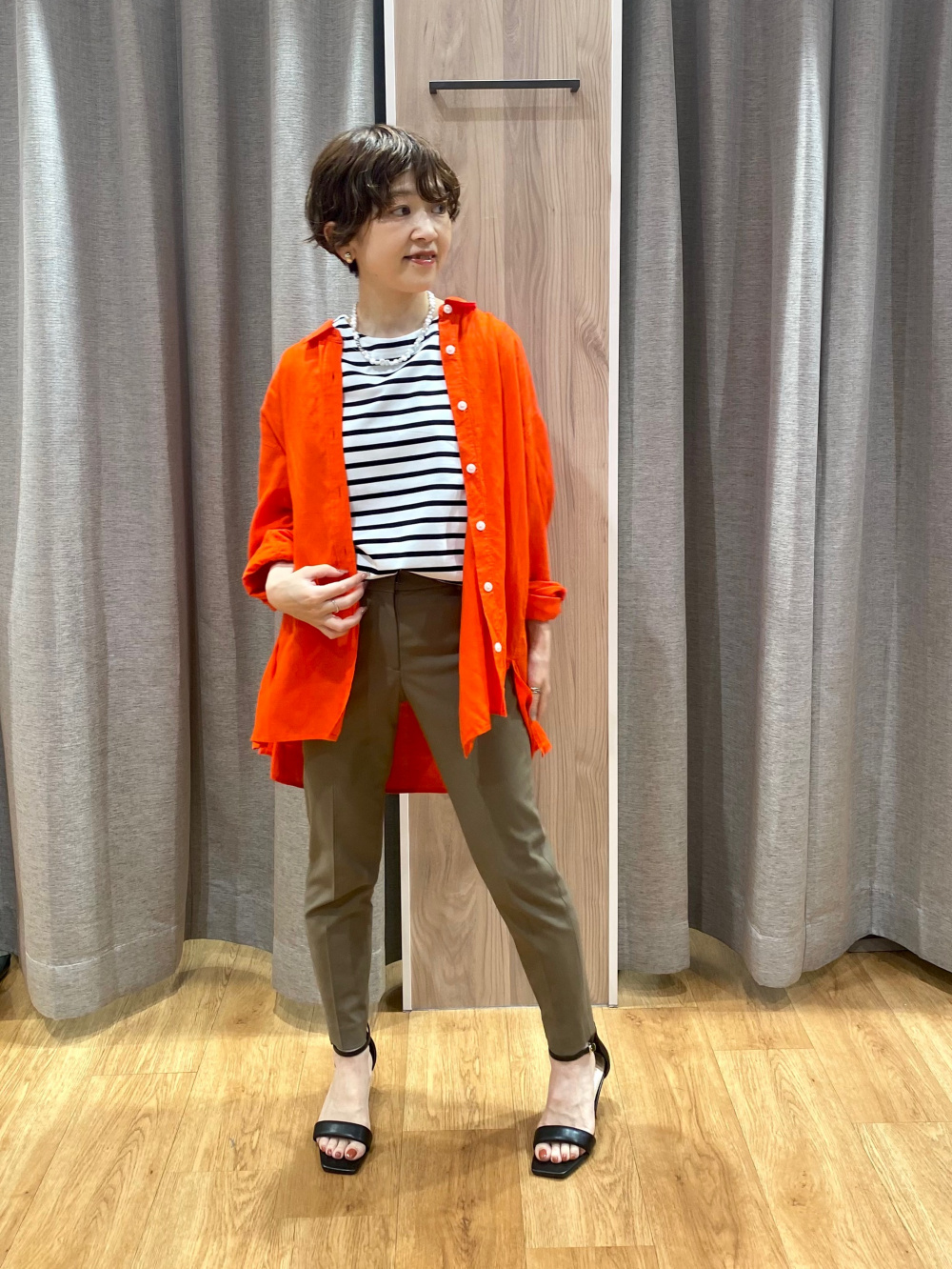 リネンブレンドオーバーサイズシャツ（長袖）」の着用コーディネート 