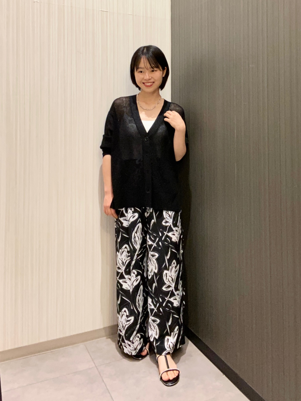リーフプリントイージーワイドパンツ、ハイツイストコットン