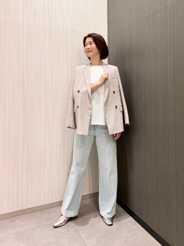 リネンブレンドダブルジャケット（レディース）の着用コーディネート