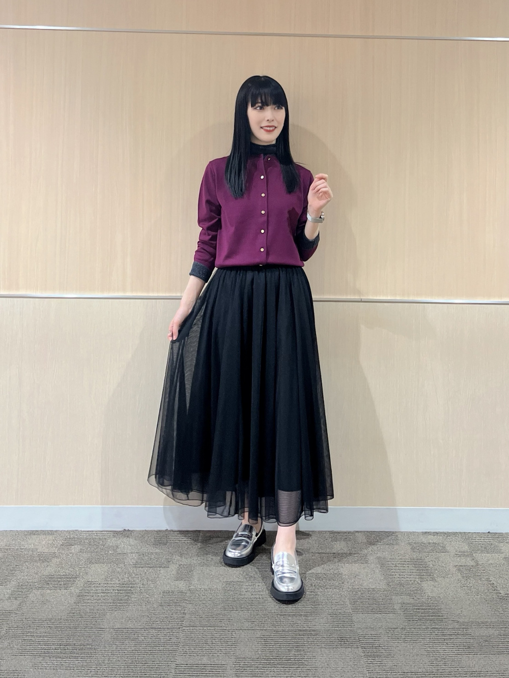 ボリュームチュールスカート、ラメシアーリブタートルネックセーター