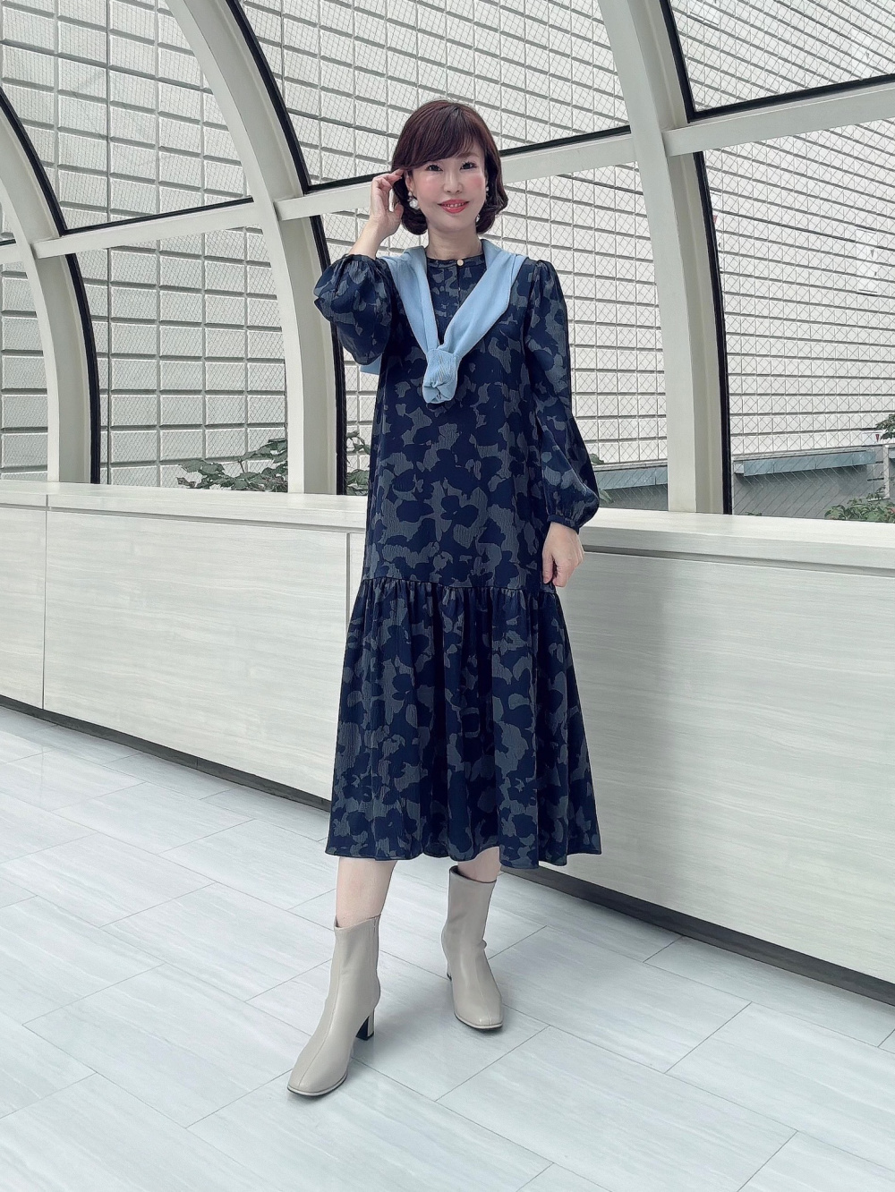 フラワープリントワンピース（長袖）、レーヨンブレンドパール