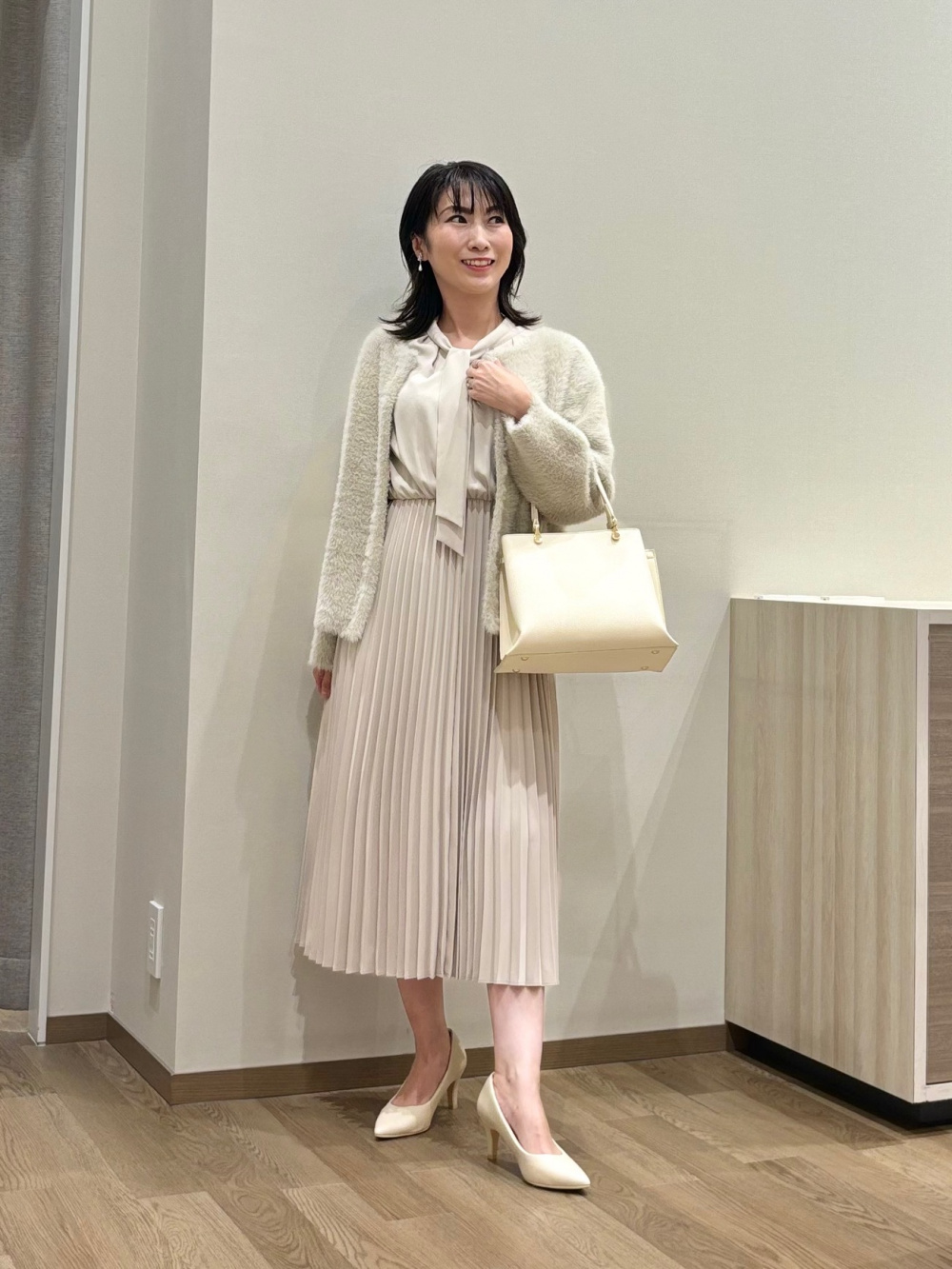 フェザーヤーン2WAYカーディガン（長袖）、ジョーゼットプリーツ  