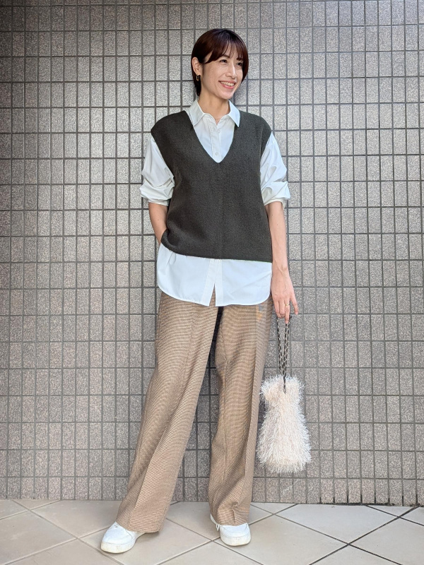 丈長め】ワイドパンツ（ウォームリザーブ）チェック」の着用