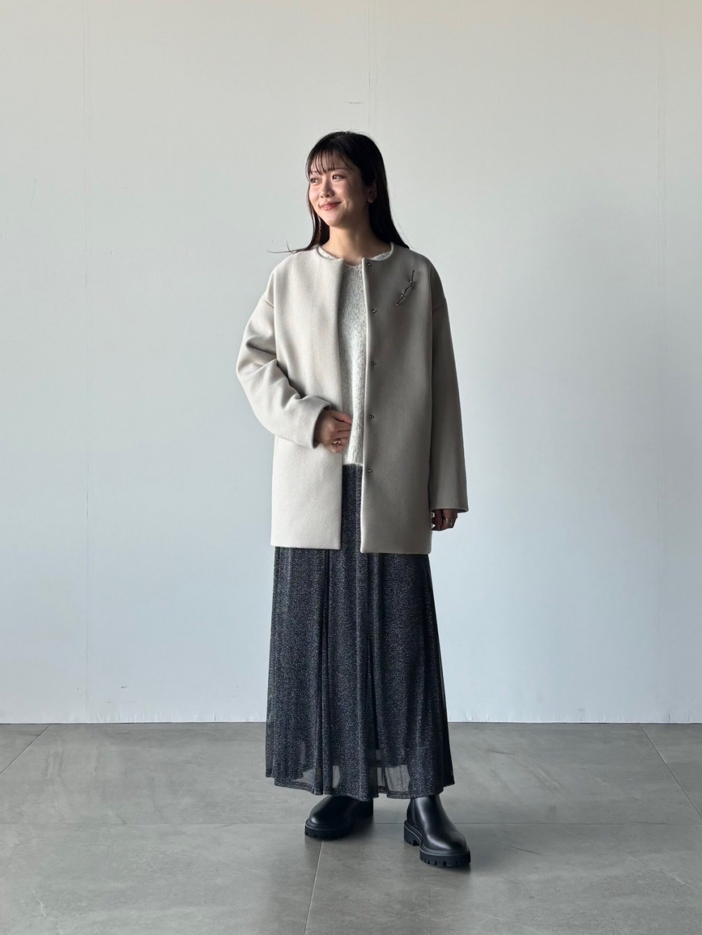 2024年モデル ウールモッサノーカラーハーフコート、ラメチュール