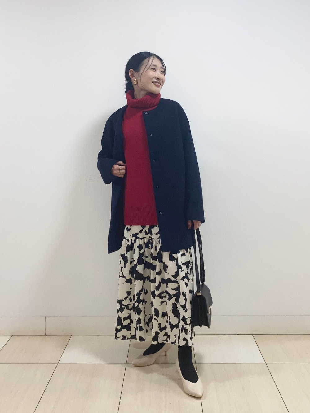 フラワープリントワンピース（長袖）、コットンブレンドノーカラー