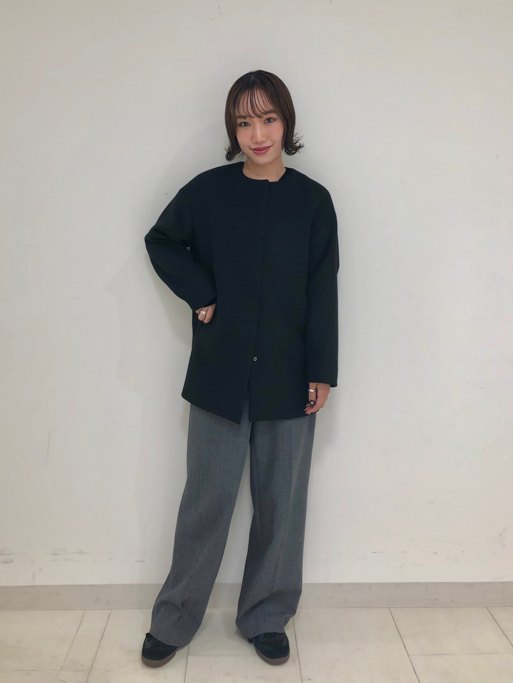専用　PLST セットアップ　ノーカラー　パンツ　グレー　M ウールブレンド ウールモッサノーカラーハーフコート、ワイドパンツ（ウォーム