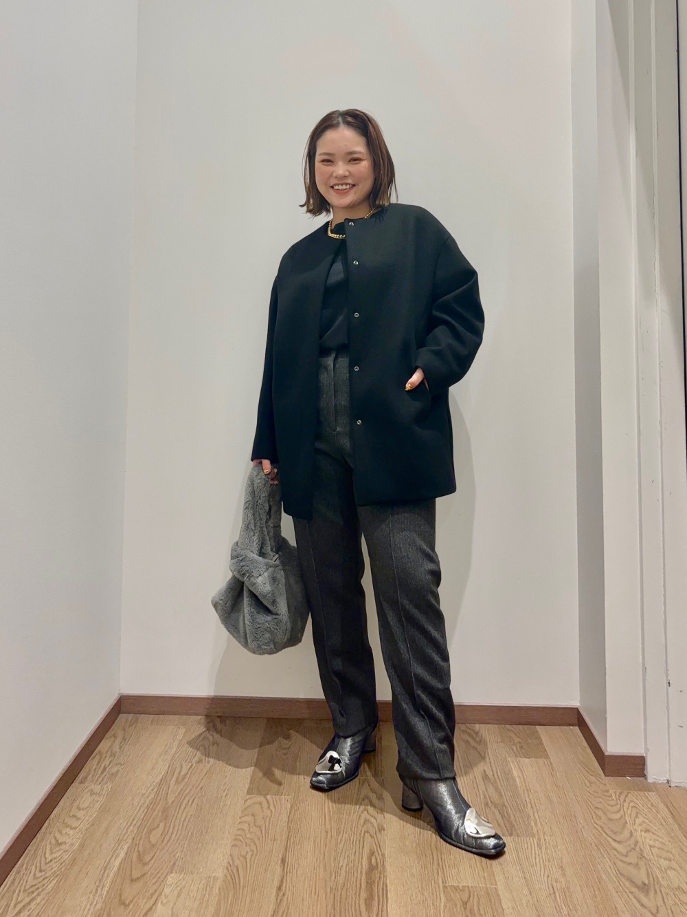 2024年モデル ウールモッサノーカラーハーフコート、グロスジャージー