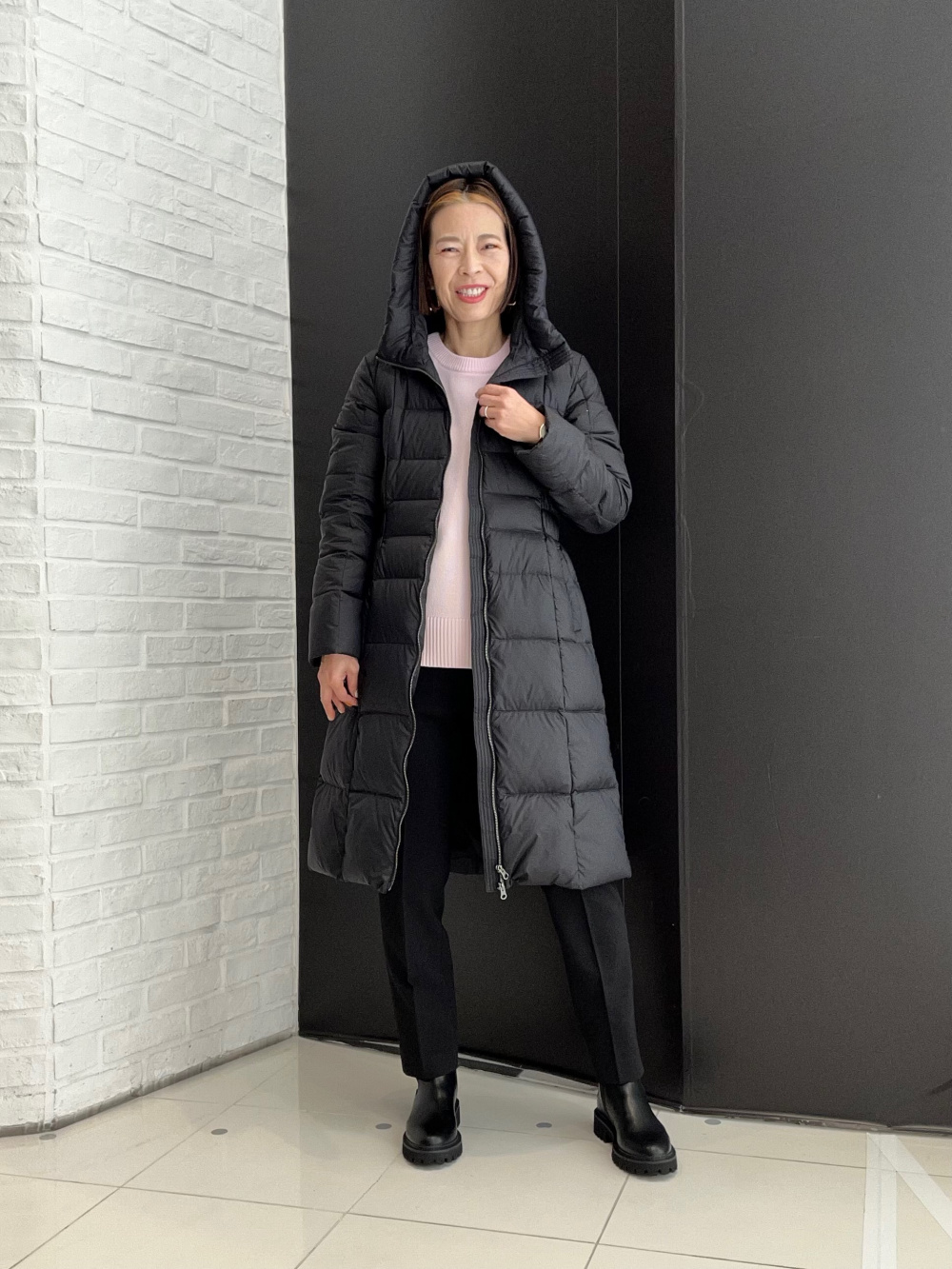 マンテコノーカラーハーフコート 123409003、PLUS  STYLEスティックパンツ（ウォームリザーブ）（マシンウォッシャブル/吸湿発熱/セットアップ可能）123406017  124406017」の着用コーディネート| プラステ