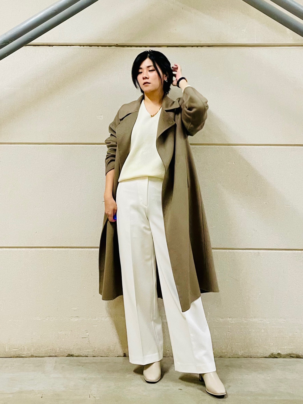 PLST スティックパンツ　ウールブレンドウォームリザーブ　ブラウン ウールブレンドリバーロングコート、スティックパンツ（ウォーム