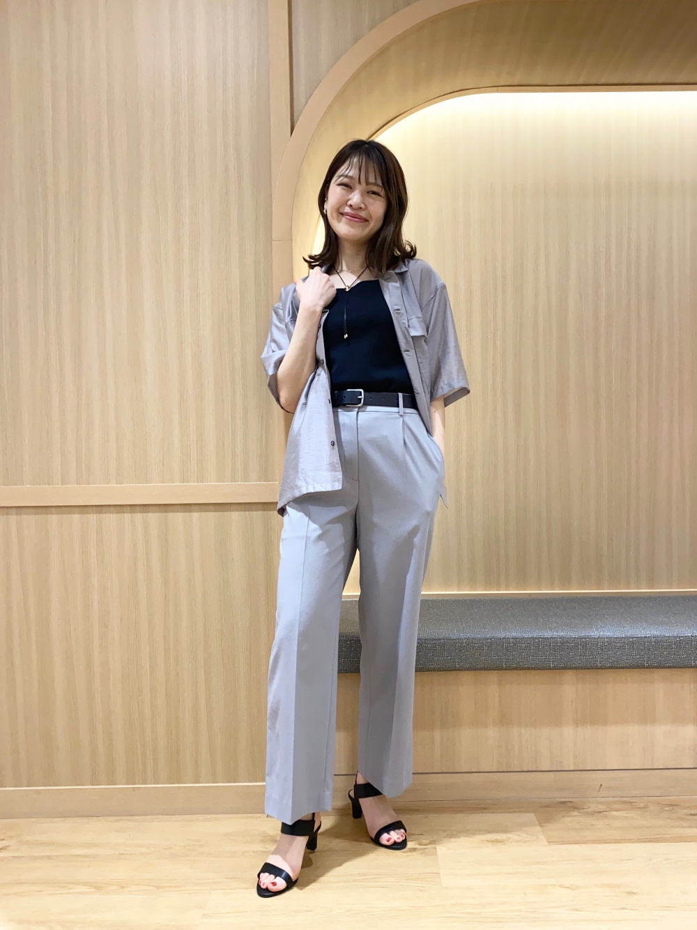 ワイドパンツ（リネンブレンド）、コットンアセテートブレンド