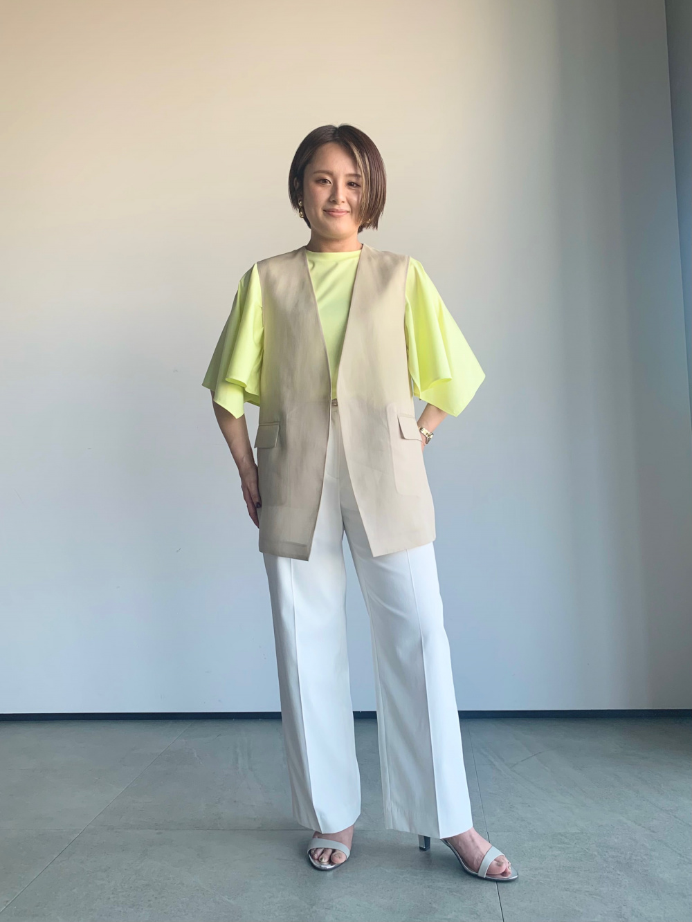シアーオーガンジージレ、ワイドパンツ（リネンブレンド）」の