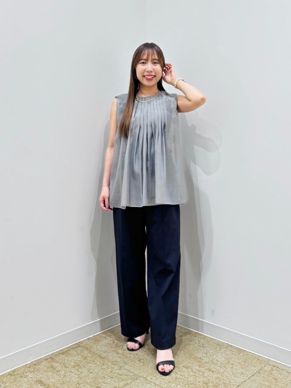 PLST プラステ リネンブレンドダブルジャケット＆ワイドパンツ ネイビーL リネンブレンドダブルジャケット、ワイドパンツ（リネンブレンド