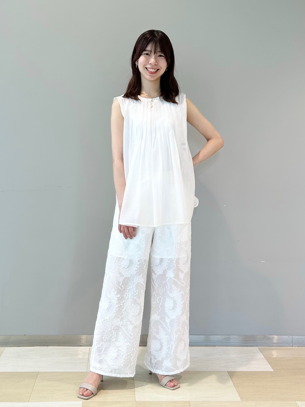 ジャカードドローストリングイージーワイドパンツ、シアープリーツ 