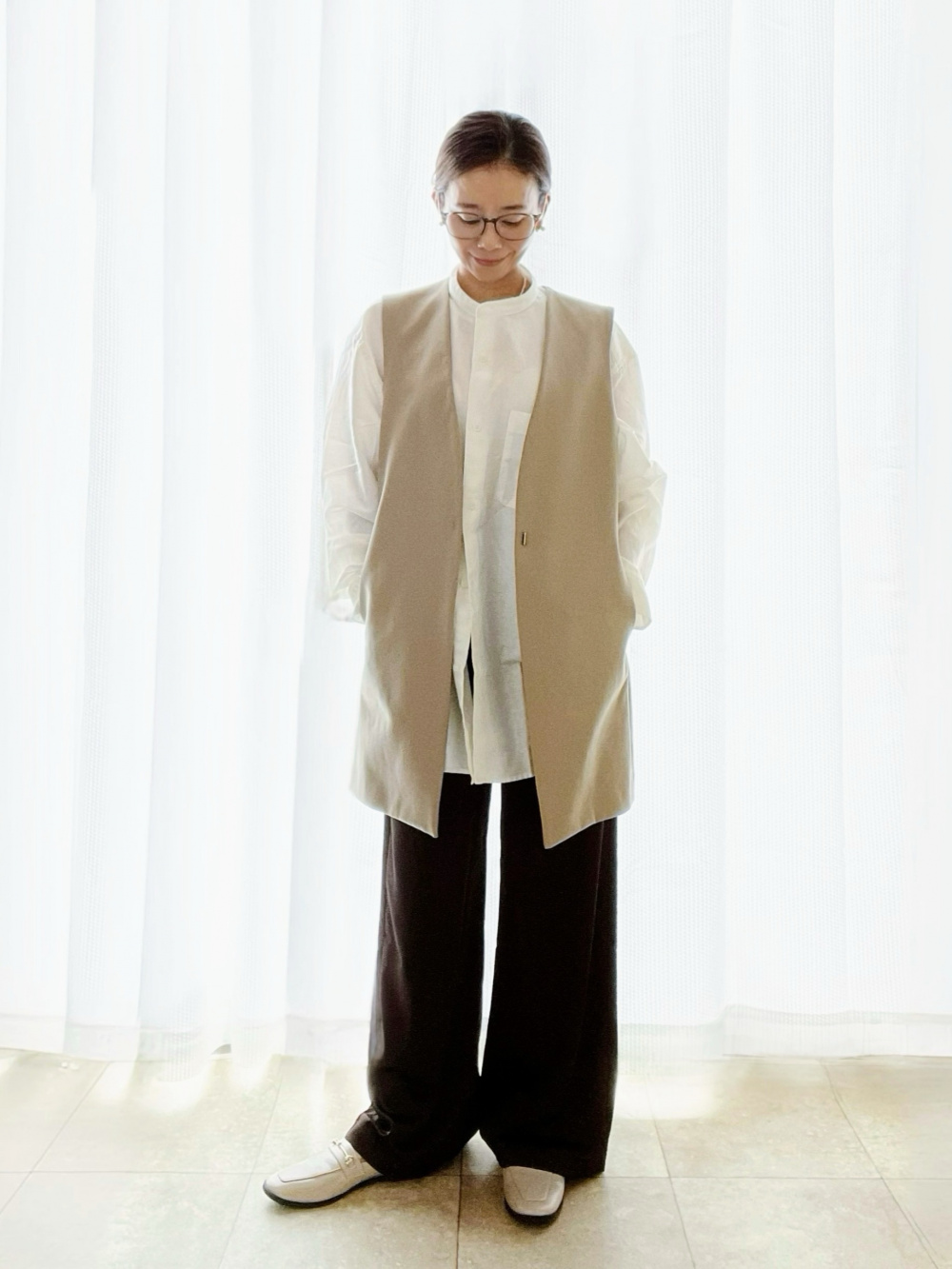 PLST コットンブレンドノーカラーミドルジレ＆パンツ グレージュ PLST