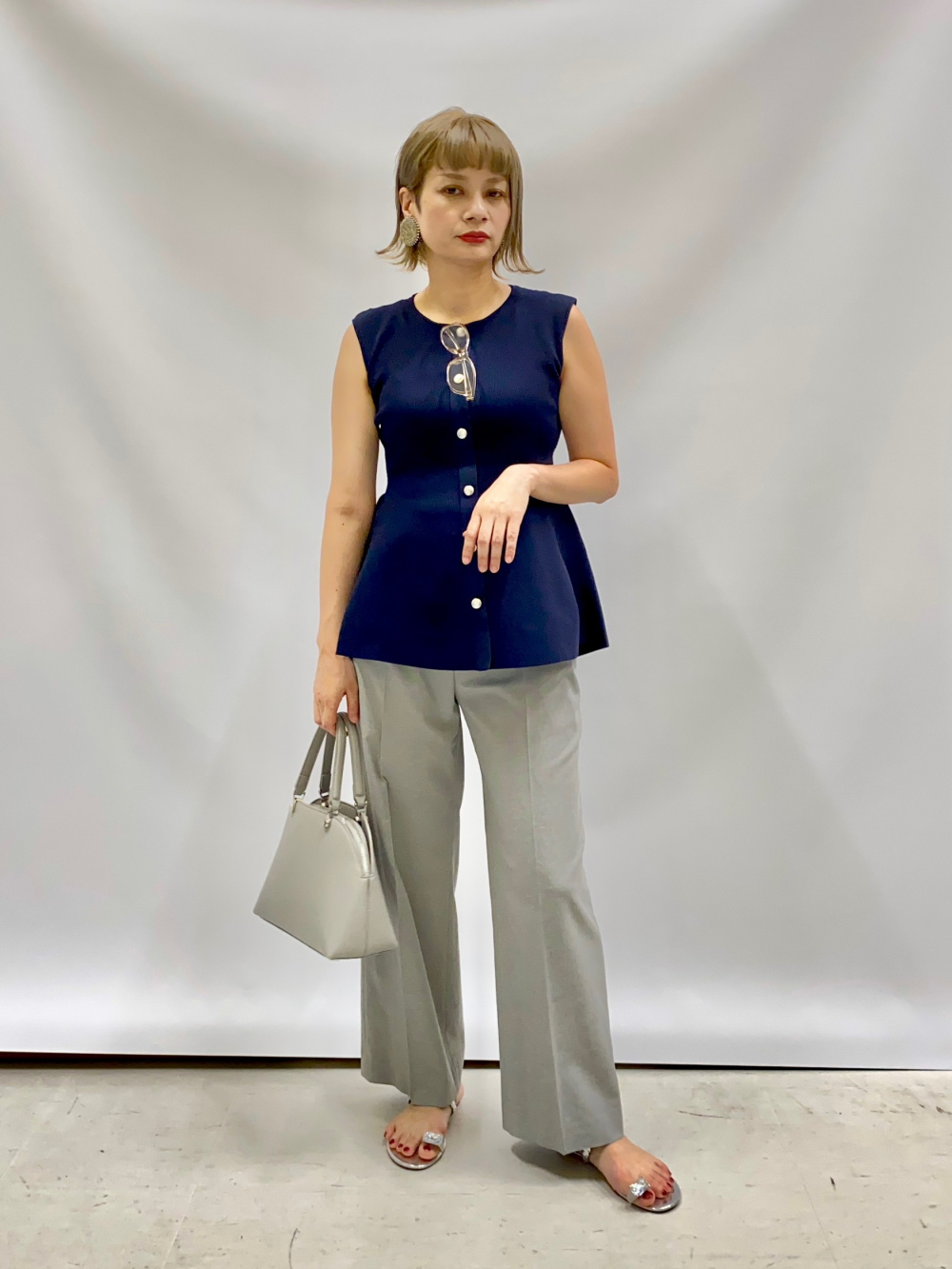 PLST プラステ リネンブレンドダブルジャケット＆ワイドパンツ ネイビーL リネンブレンドダブルジャケット、ワイドパンツ（リネンブレンド