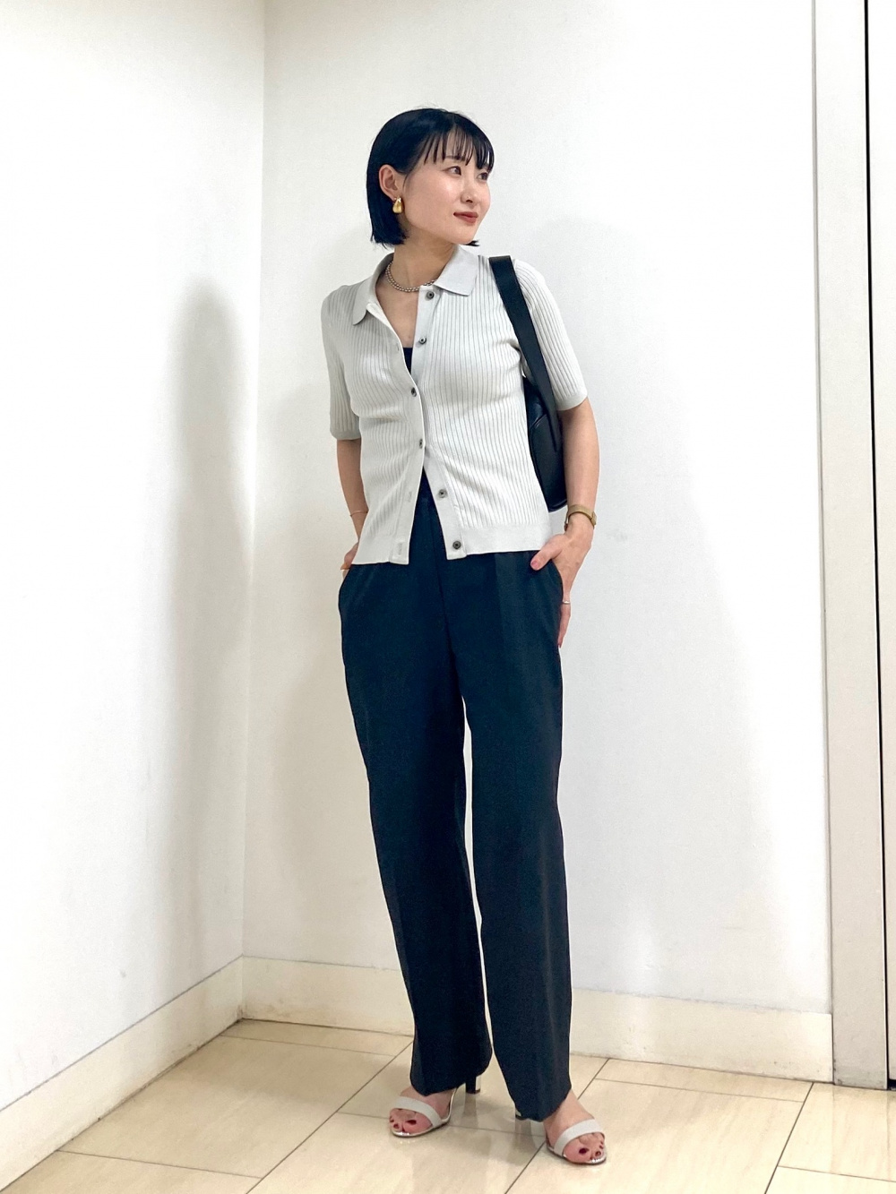 リネンブレンドカラーレスジャケット　リネンブレンドワイドパンツ プレミアムオックスハーフスリーブジャケット、ワイドパンツ