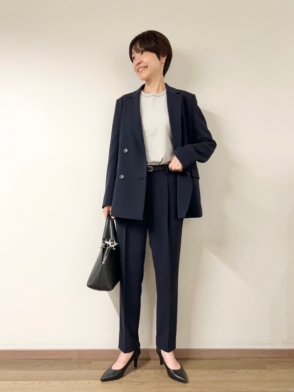PLST　トリアセブレンドダブルジャケット　テーパードパンツ　ネイビー トリアセブレンドダブルジャケット、トリアセブレンドテーパードパンツ