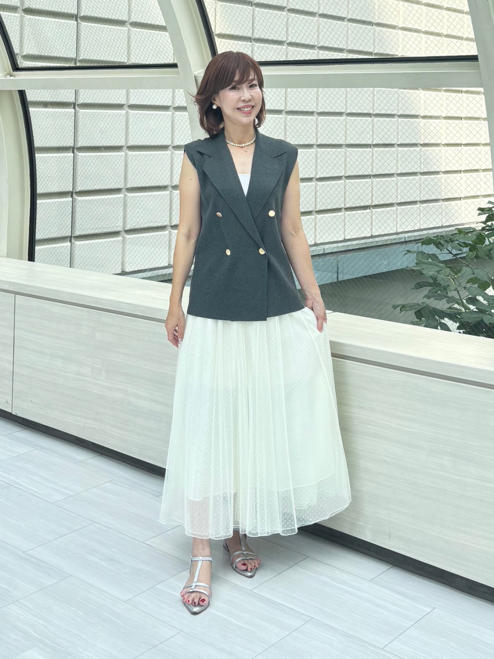 レーヨンブレンドテーラードニットベスト、ドットボリュームチュール