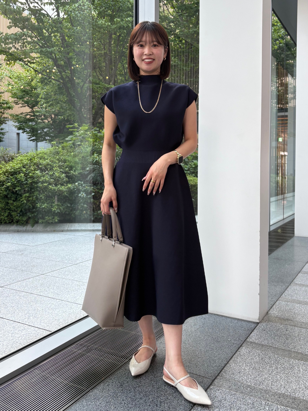 ホールガーメント®ボトルネックフレアワンピース、チェーンコンビ