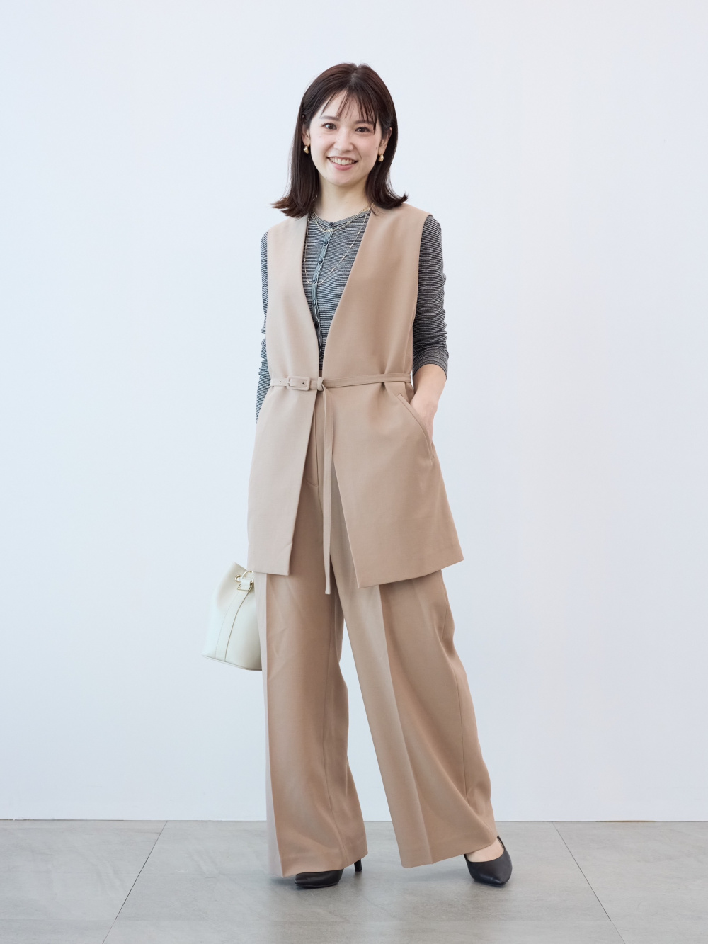 ストレッチワッシャージョガーパンツ、サテンバンドカラーロング