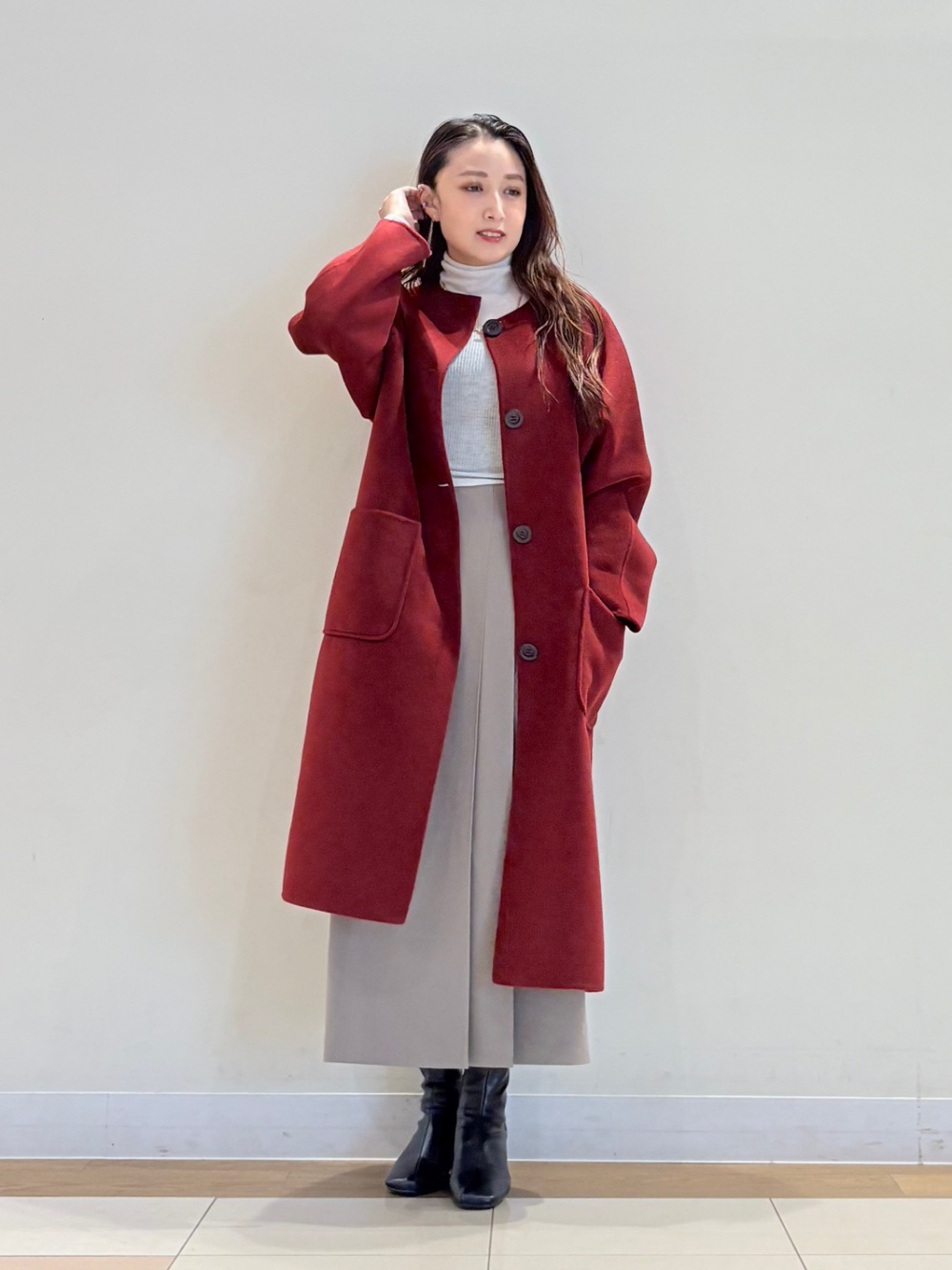 プラダ 希少素材ラマ ウールブレンド ロングコート Aライン ピンクベージュ PLST(プラステ)公式 | ウールブレンドリバーカラーレスロングコート