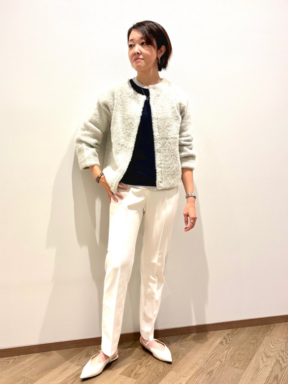 ハイストレッチトリコットカラーレスダブルジャケット、UVカット