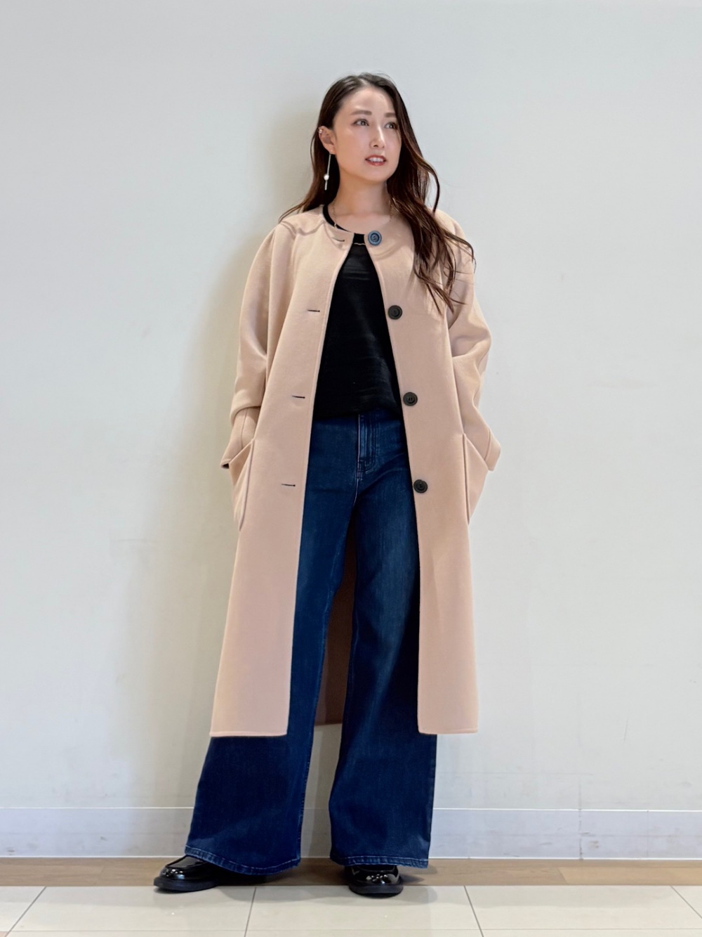 ウールブレンドリバーカラーレスロングコート、スラブシアー