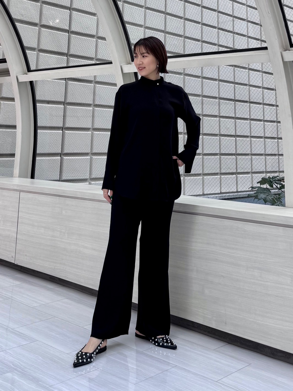 バックサテンスタンドカラーシャツ、バックサテンイージーフレア