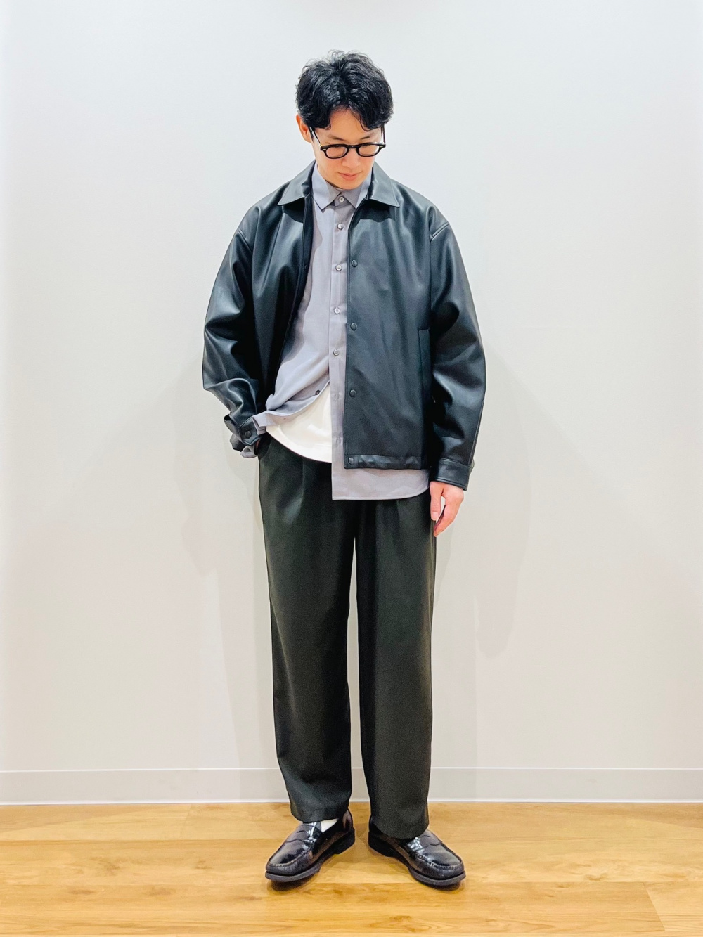 テックストレッチダブルブレストジャケット、シルキーコットンクルー