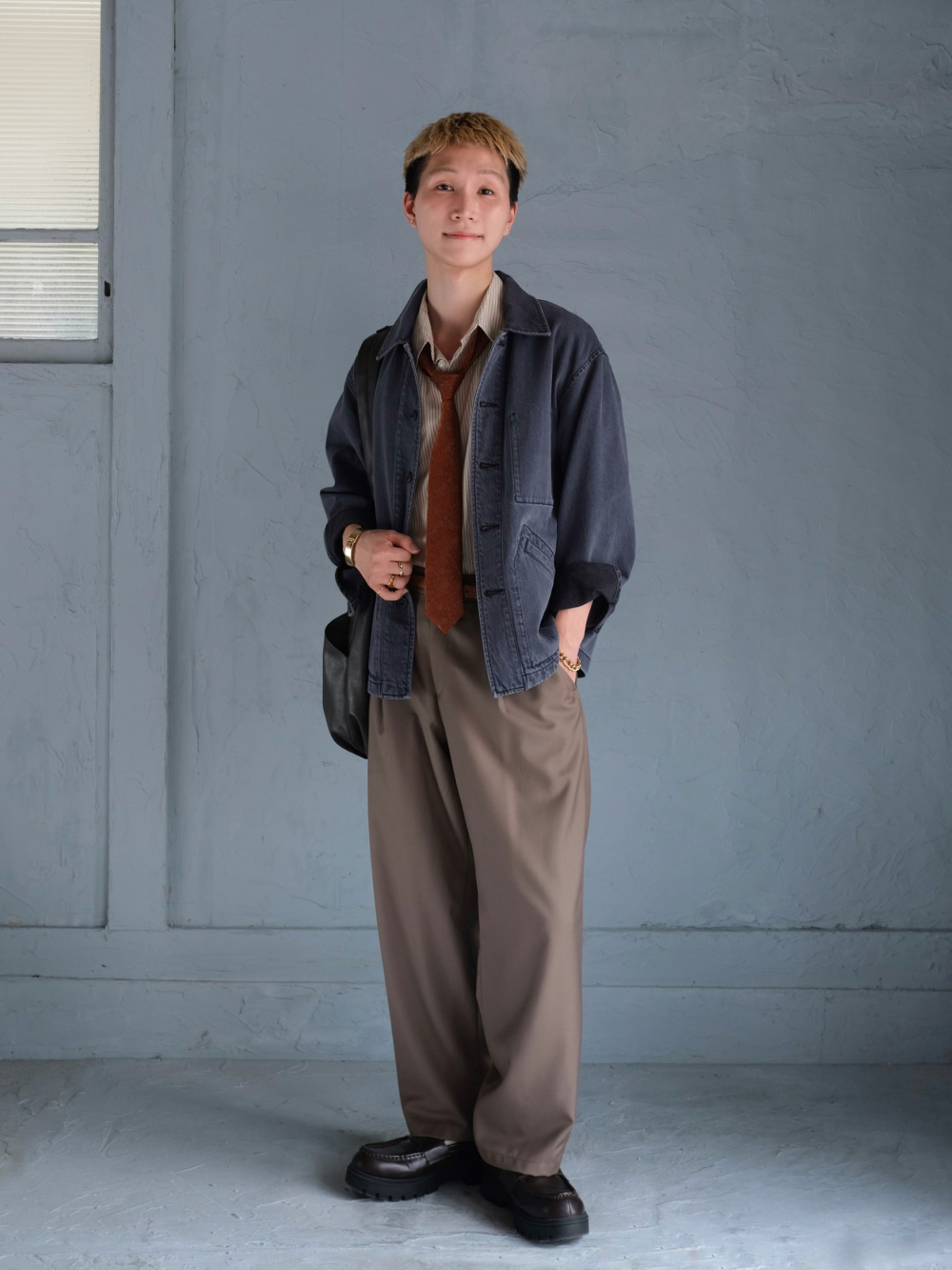 テックストレッチダブルブレストジャケット、シルキーコットンクルー