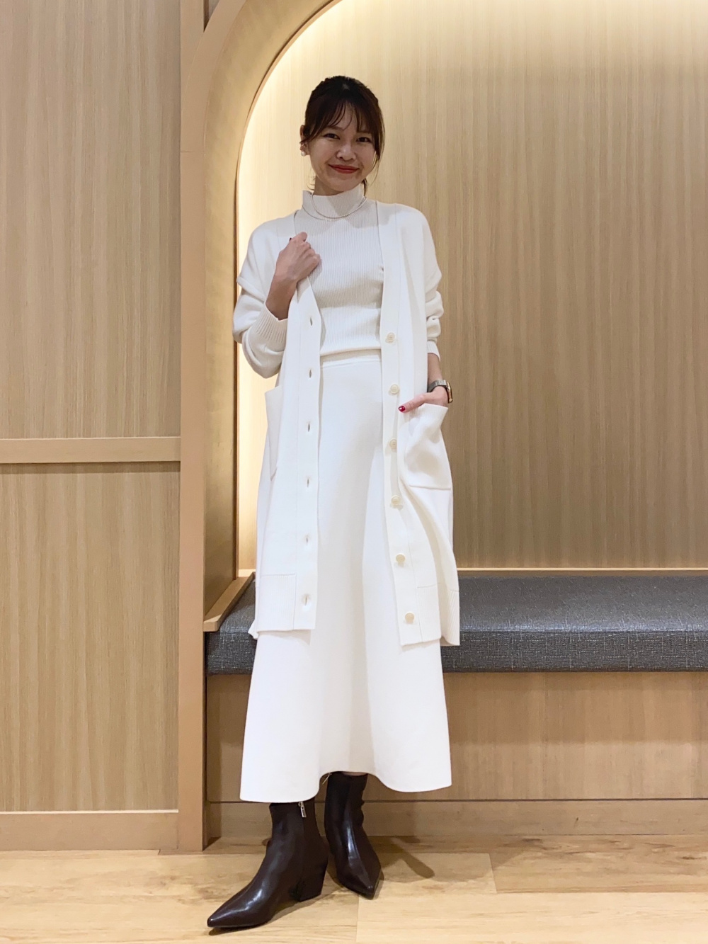 フラワープリントボリュームタックフレアスカート、ウールブレンド