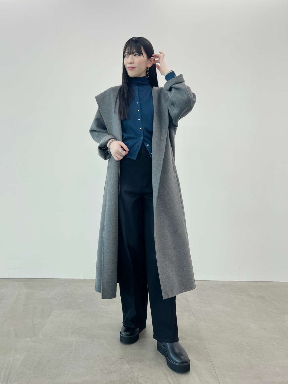 ウールブレンドリバーフーディーロングコート、シアーリブ